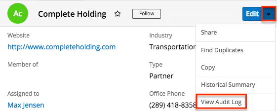 SugarCRM View Audit Log