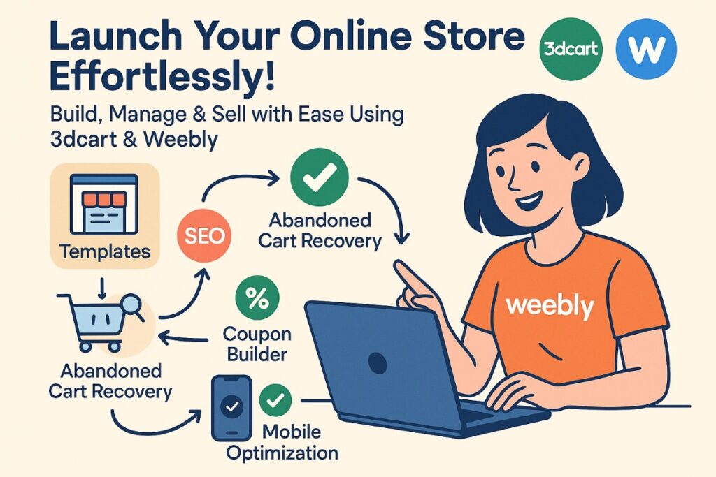 Infographic showing key features of top eCommerce website builders like 3dcart and Weebly with workflow icons, badges, and an active user engaging with online store tools.
