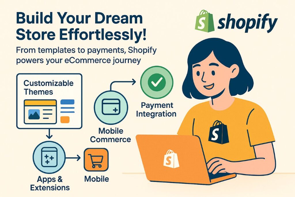 Infographic showing key features of Shopify as a top eCommerce website builder, including templates, mobile commerce, payment integration, and apps