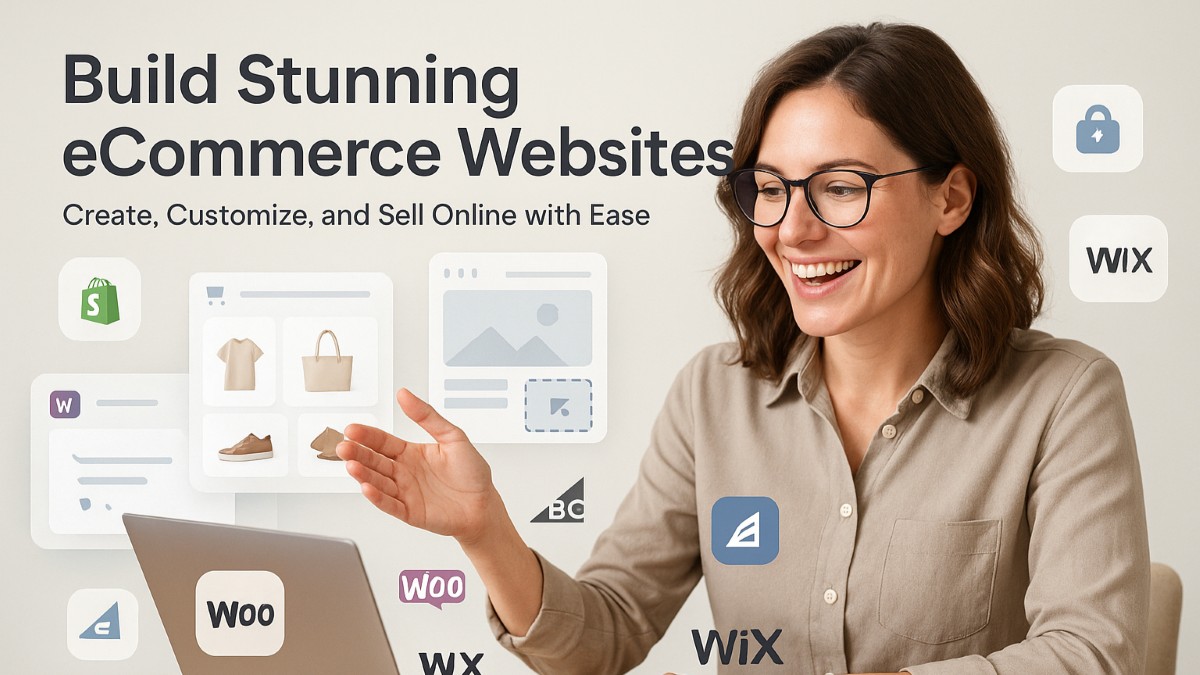 Smart user building an online store using eCommerce website builders with templates, shopping cart icons, and payment integrations
