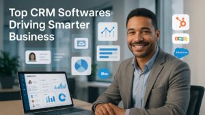 Business owner using CRM dashboard with analytics and client data on-screen, representing top CRM softwares.