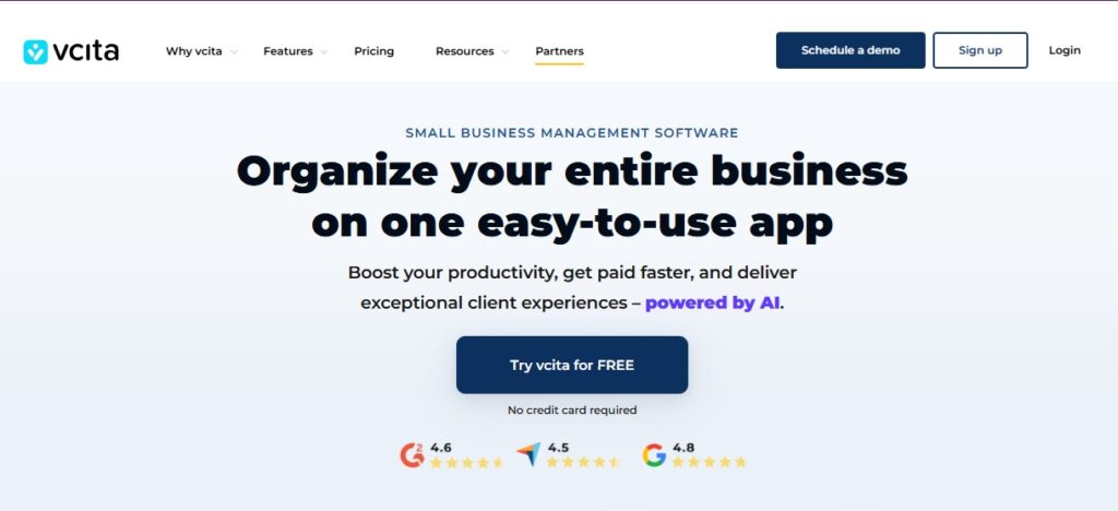 Vcita CRM dashboard promoting small business management software with AI features
