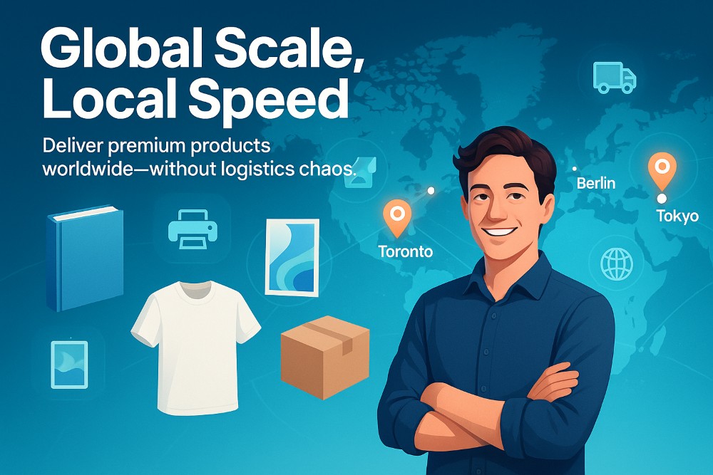 Infographic showing Gelato print on demand platform enabling global product delivery with local production hubs in cities like Tokyo, Toronto, and Berlin.