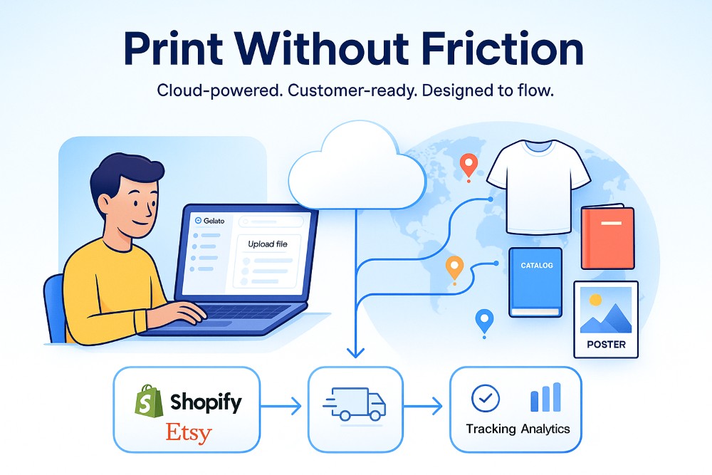 Infographic showing a user-friendly Gelato print on demand workflow with cloud storage, product integrations, and global printing.