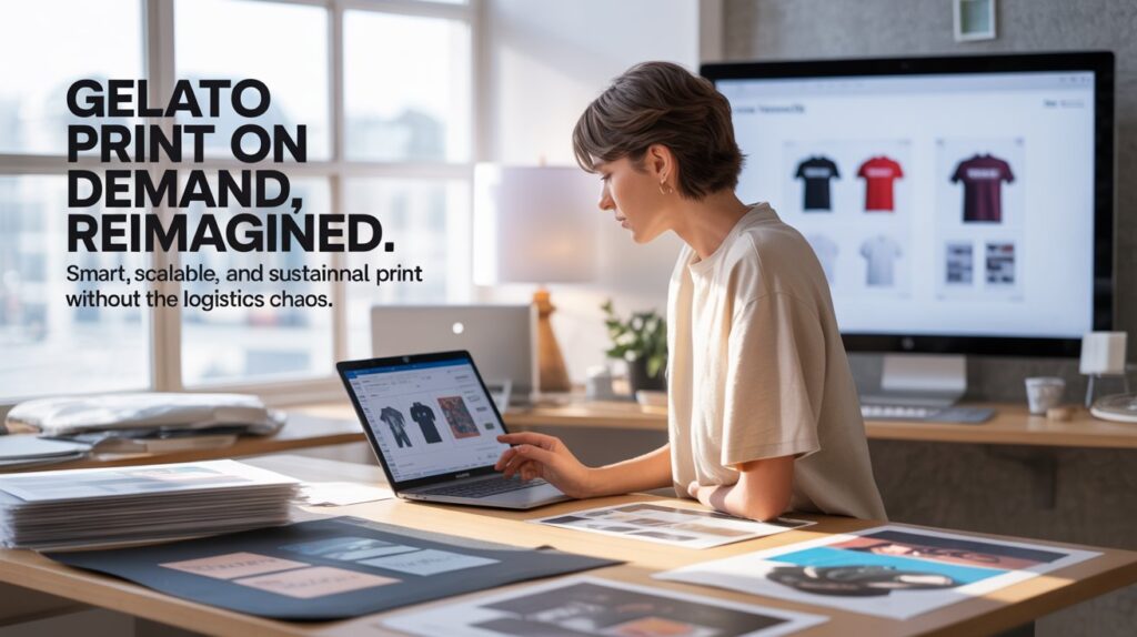 Modern workspace featuring a young entrepreneur viewing a print preview on a laptop, surrounded by printed products and packaging—highlighting Gelato print on demand in action.