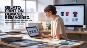 Modern workspace featuring a young entrepreneur viewing a print preview on a laptop, surrounded by printed products and packaging—highlighting Gelato print on demand in action.