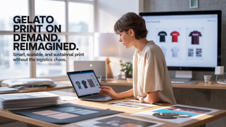 Modern workspace featuring a young entrepreneur viewing a print preview on a laptop, surrounded by printed products and packaging—highlighting Gelato print on demand in action.