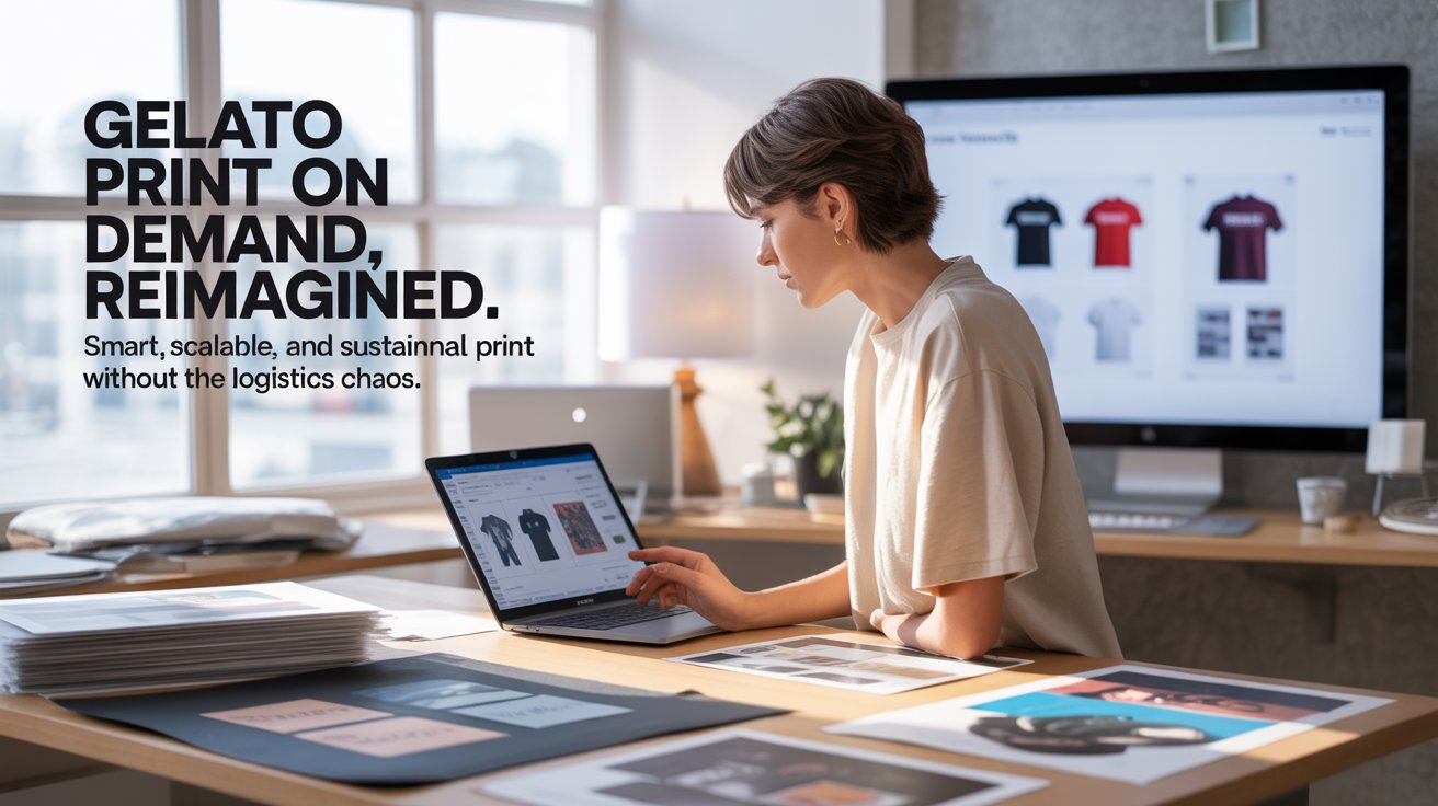 Modern workspace featuring a young entrepreneur viewing a print preview on a laptop, surrounded by printed products and packaging—highlighting Gelato print on demand in action.