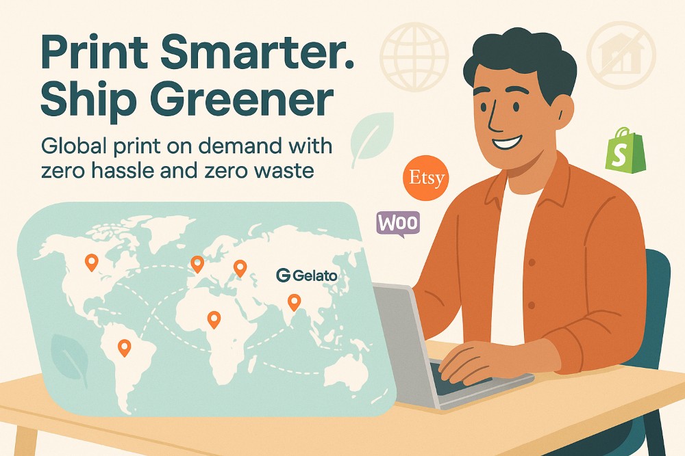 Infographic showing Gelato print on demand global network with eco-friendly symbols and platform integrations