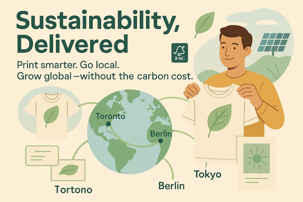 Infographic showing Gelato print on demand’s eco-friendly global printing network with local hubs, sustainable materials, and low-emission delivery routes.
