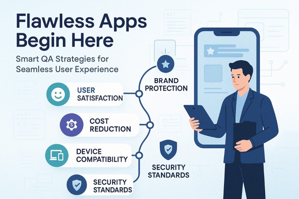 Infographic showing HeadSpin's mobile app QA benefits including user satisfaction, brand protection, cost reduction, device compatibility, and security