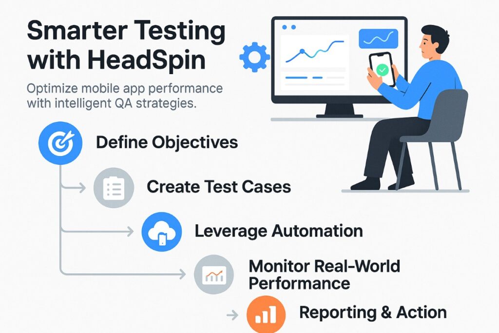 Infographic illustrating five best practices for mobile app testing using HeadSpin, including automation, real device testing, and detailed reporting.