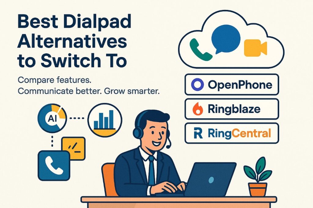 Infographic showing top Dialpad alternatives with platform icons, features, and a happy user illustration using cloud communication tools.