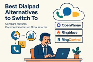 Infographic showing top Dialpad alternatives with platform icons, features, and a happy user illustration using cloud communication tools.