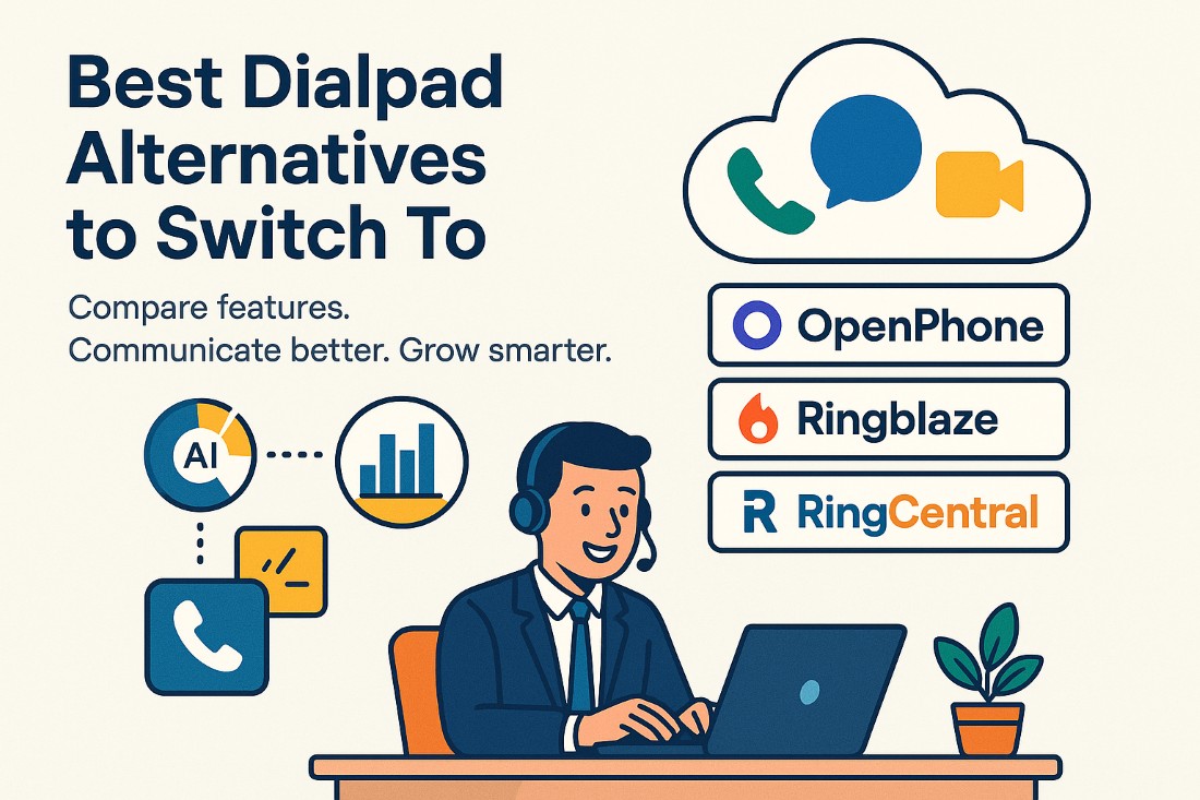 Infographic showing top Dialpad alternatives with platform icons, features, and a happy user illustration using cloud communication tools.