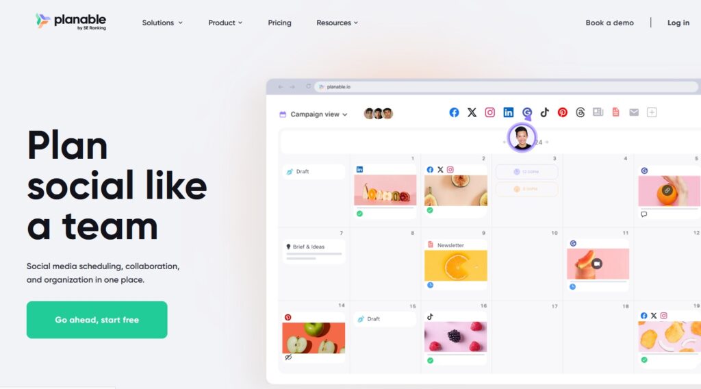 Planable social media management dashboard showing campaign calendar, post scheduling, and team collaboration tools.