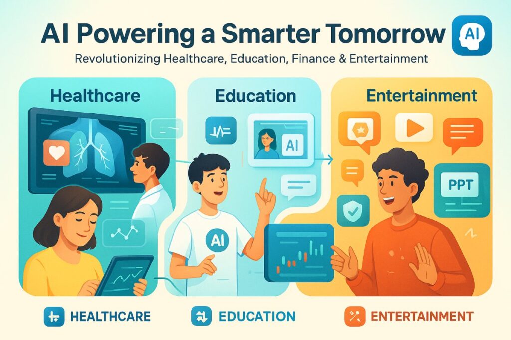 Infographic illustrating general-purpose artificial intelligence transforming healthcare, education, finance, and entertainment with bright visuals, icons, workflows, and an active user.