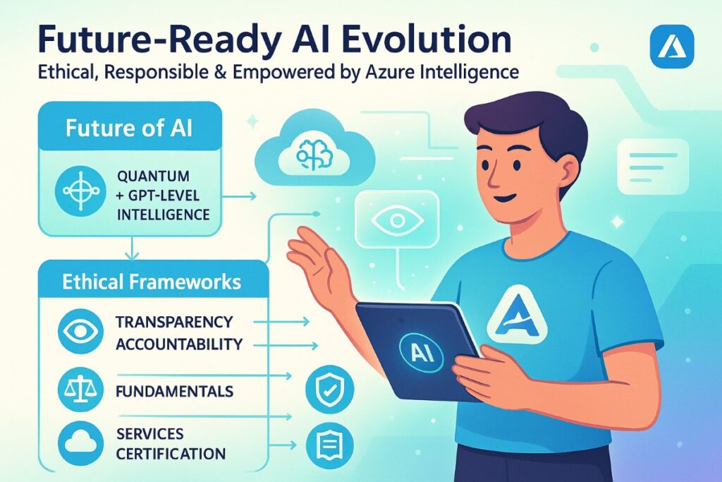 Infographic showing the future of general-purpose artificial intelligence with ethical workflows, quantum computing icons, and an active user learning Azure AI-900.