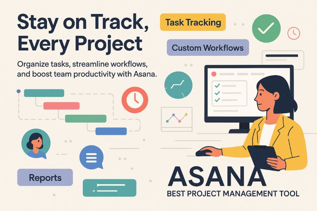 Infographic showing Asana as one of the best business tools for project management with workflows, timelines, and task tracking features.