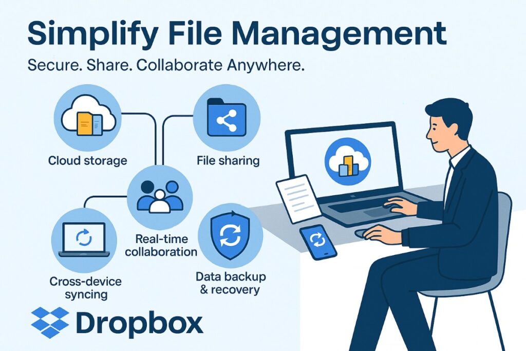 Infographic showing Dropbox as the best business tool for secure file management, sharing, and real-time collaboration.