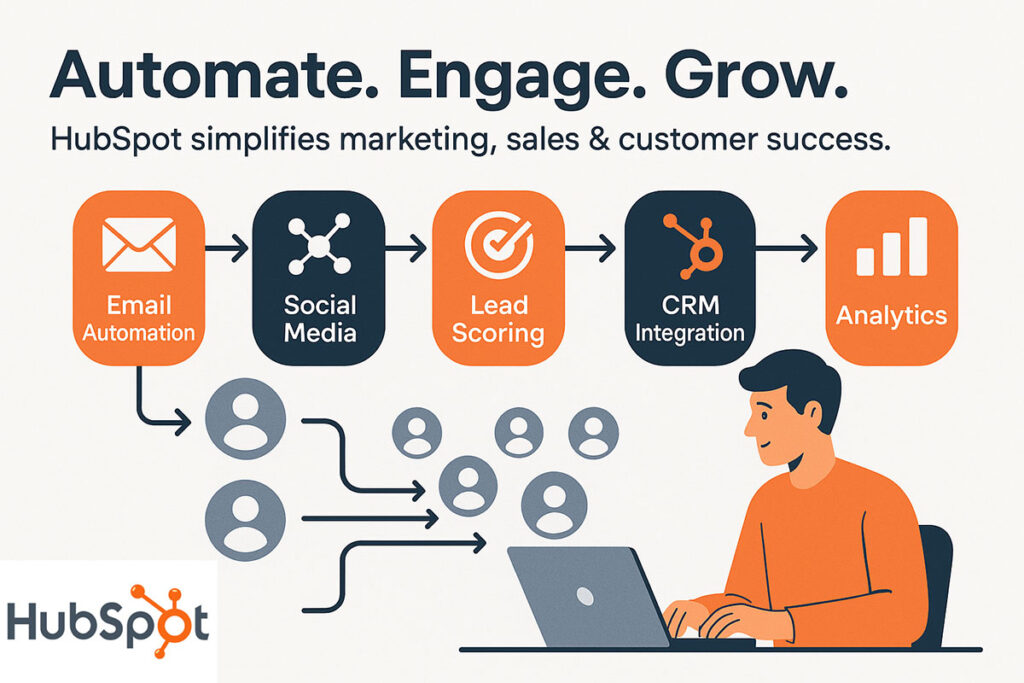 Infographic showcasing HubSpot business tools for marketing automation with email, social media, lead scoring, CRM, and analytics workflow.