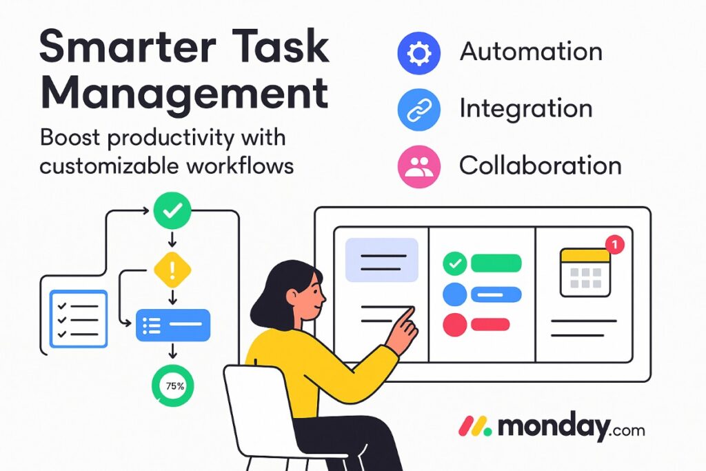 Infographic showing Monday.com task management features with workflows, icons, and Monday.com logo.