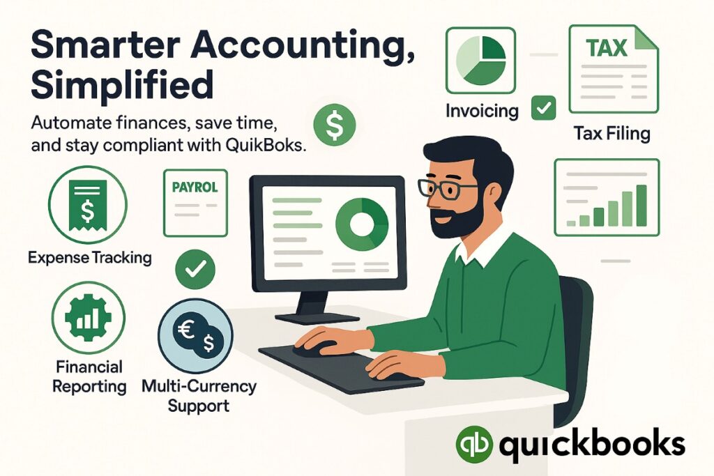 Infographic of QuickBooks accounting software showcasing expense tracking, automated invoicing, payroll management, tax filing, and financial reporting for businesses.