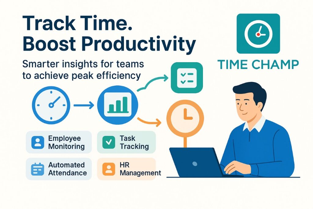 Time Champ business tools infographic showing productivity tracking, time management, and workflow optimization features.