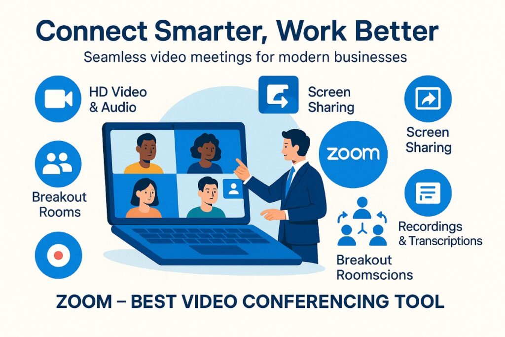 Infographic of Zoom, the best video conferencing business tool, highlighting HD video, screen sharing, breakout rooms, webinars, and recording features.