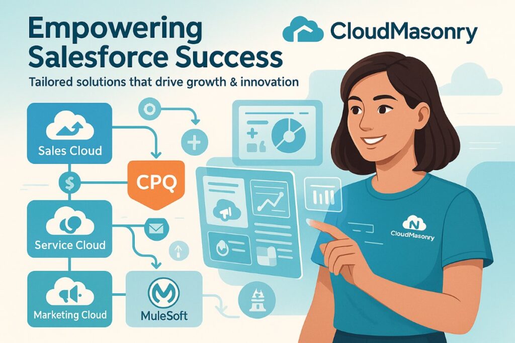 Infographic showing CloudMasonry as a leading Salesforce consulting company with workflow icons for Sales Cloud, Service Cloud, CPQ, Marketing Cloud, and Mulesoft integrations, featuring a professional user in action.
