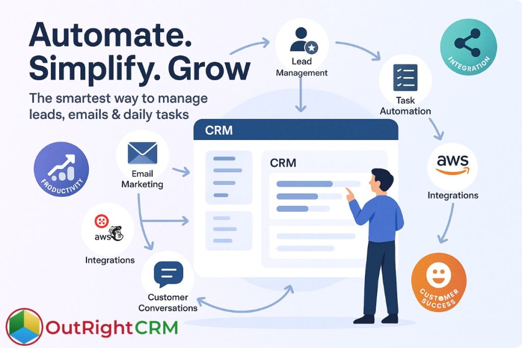 OutRightCRM business tools infographic showing automated CRM workflows, lead management, email marketing, and integrations