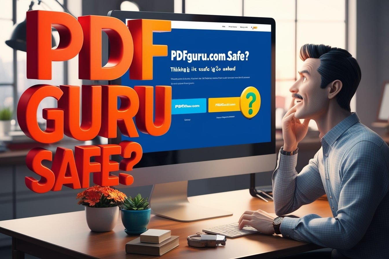 Man looking at computer screen with "PDF Guru Safe?" on website – evaluating PDF Guru's security in 2025