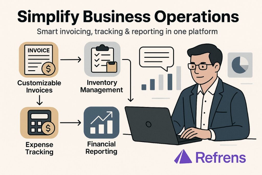 Infographic showing Refrens business tools for invoicing, expense tracking, reporting, and automation
