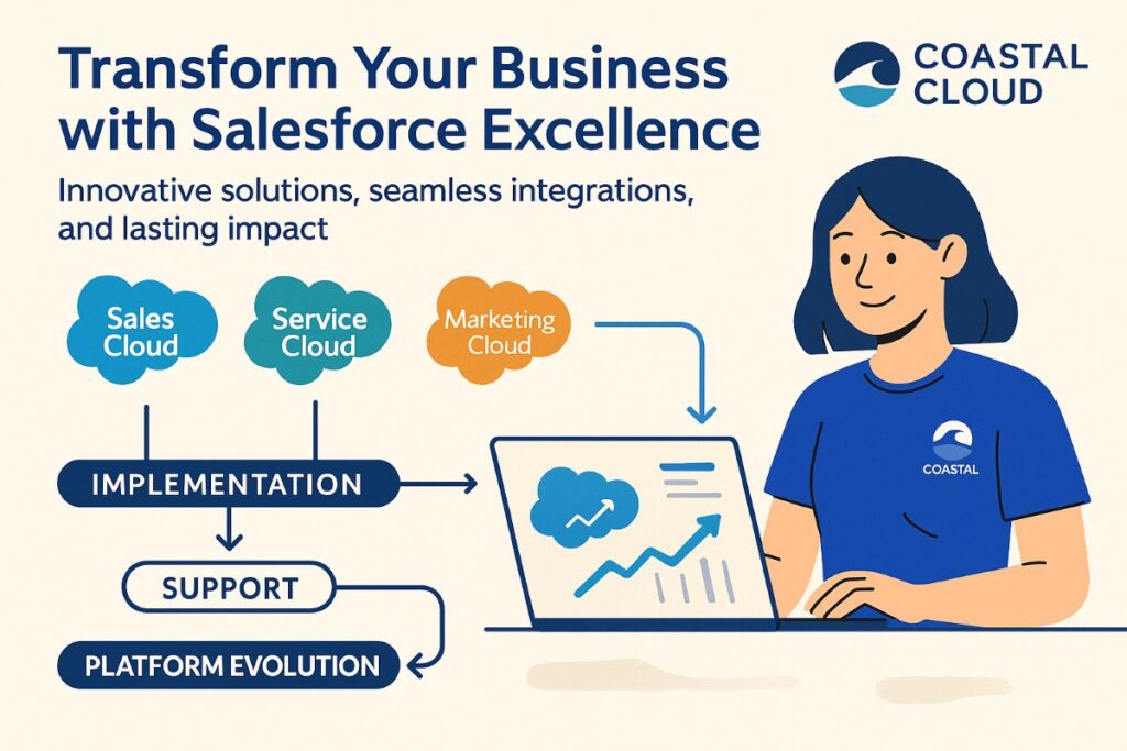 Coastal Cloud Salesforce consulting company infographic showing implementation workflow, Sales Cloud, Service Cloud, Marketing Cloud, Commerce Cloud with active user and Coastal Cloud logo