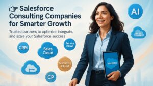 Ultra hyper-realistic image of a confident female professional with Salesforce consultancy branding, surrounded by Salesforce logo, AI icon, and cloud badges, representing top Salesforce consulting companies in 2025.