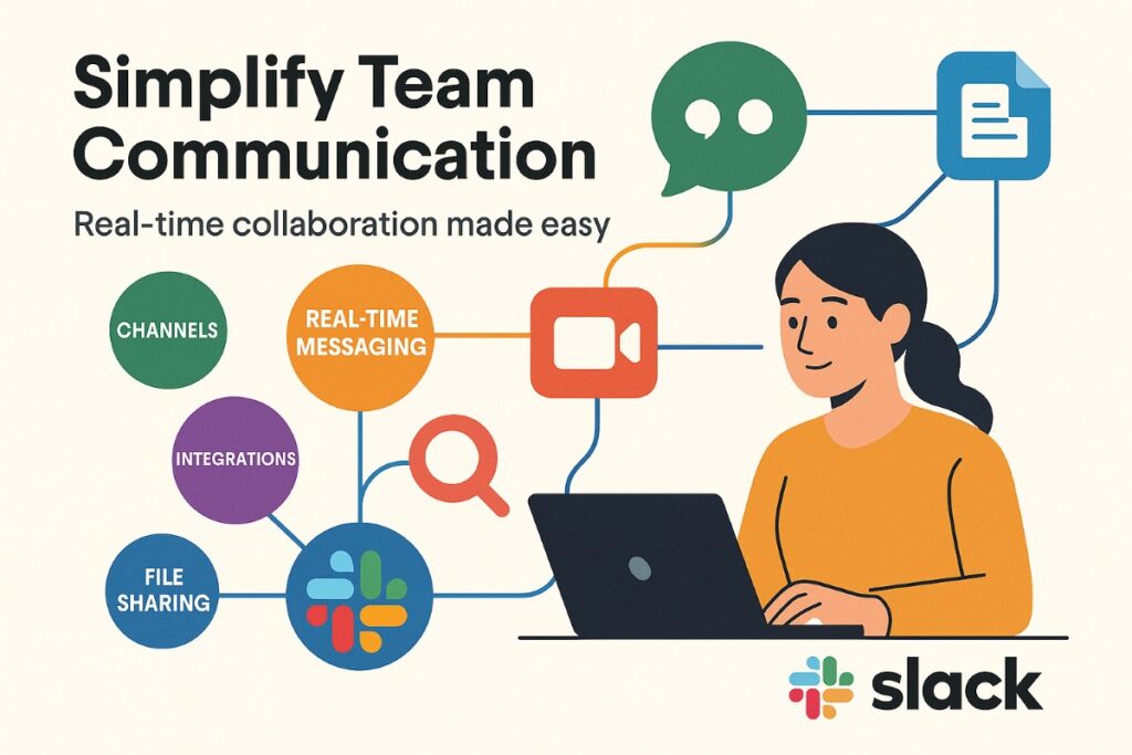 Infographic of Slack business tools showcasing team communication features like channels, file sharing, integrations, and video calls
