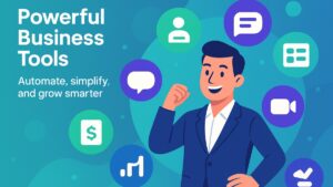 Illustration of powerful business tools with icons for CRM, finance, communication, and productivity software.