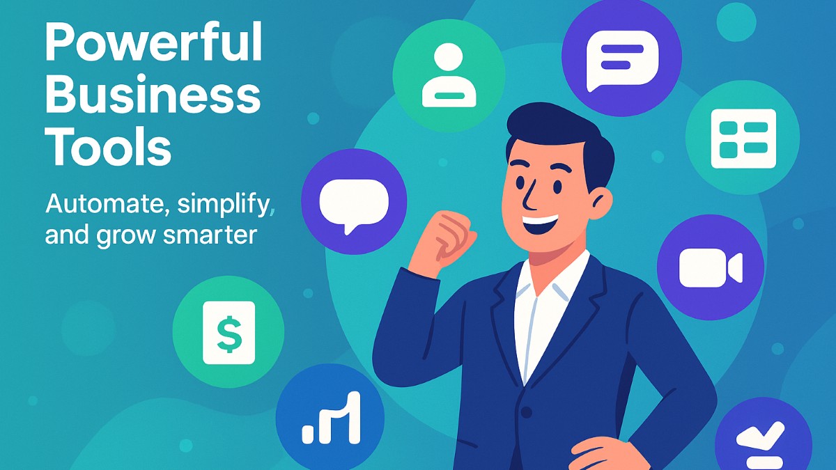Illustration of powerful business tools with icons for CRM, finance, communication, and productivity software.