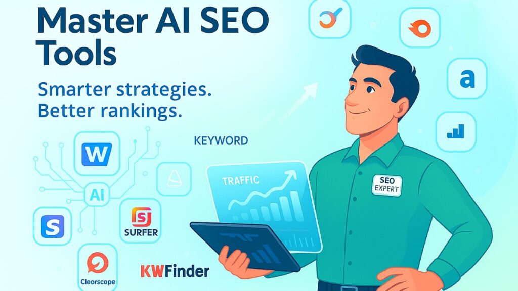 Marketer visualizing success using AI SEO tools with upward graphs, holographic analytics, and popular SEO tool icons in a clean, modern design.