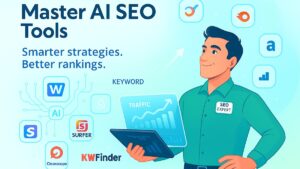Marketer visualizing success using AI SEO tools with upward graphs, holographic analytics, and popular SEO tool icons in a clean, modern design.
