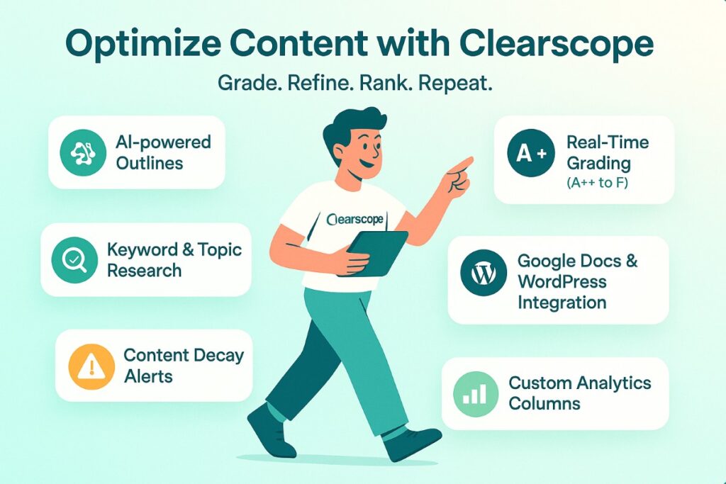 Infographic showing Clearscope AI SEO tools with workflow, feature badges, and an active user wearing a Clearscope logo T-shirt.