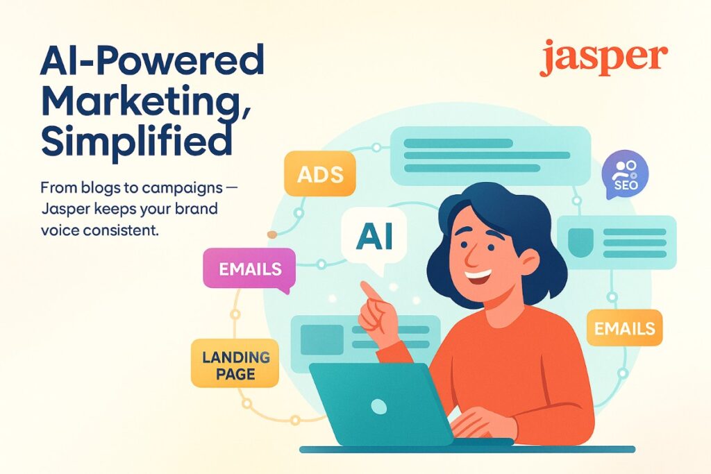 Infographic showing Jasper AI as an AI SEO tool with active user, workflow icons, and brand logo.