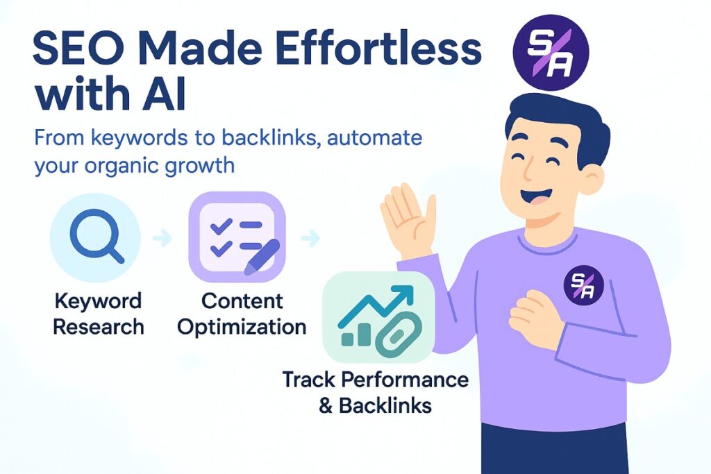 Infographic showing how to use AI SEO tools like SearchAtlas for keyword research, content optimization, and backlink tracking.