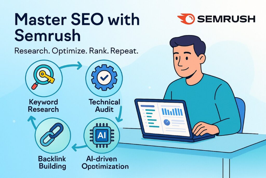 Infographic showing Semrush AI SEO tools with workflow, icons, and active user analyzing keyword data and content performance.
