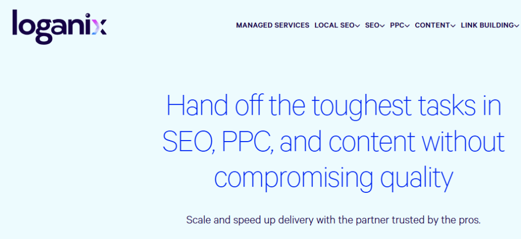 Loganix SEO agency homepage banner promoting SEO, PPC, and content services