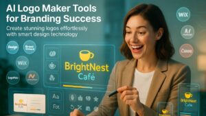 Ultra realistic featured image showing an entrepreneur excitedly reviewing an AI-generated logo on a digital workspace with floating design tool interfaces and badges of top AI logo maker platforms.