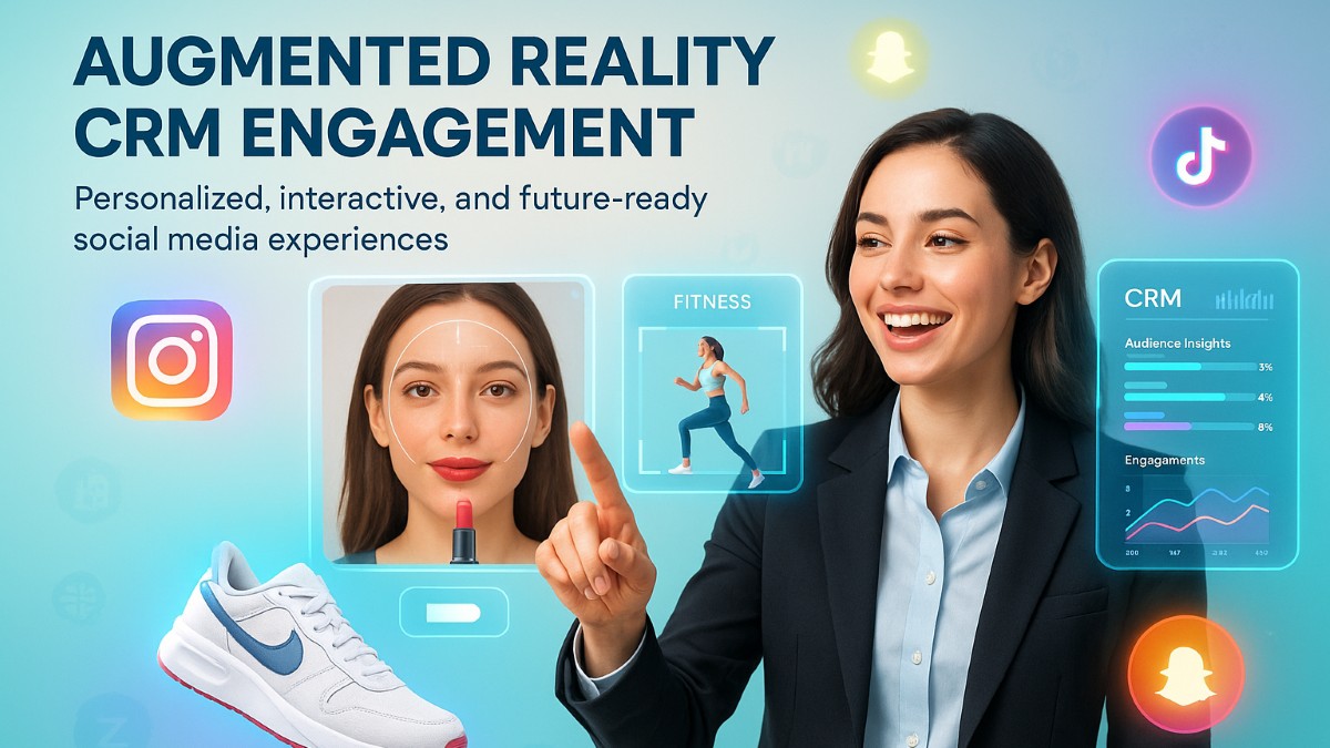 Young professional using augmented reality with CRM insights and social media icons to enhance customer engagement.