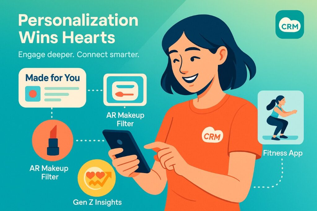 Infographic showing how brands use augmented reality and CRM to deliver personalized social media experiences with AR filters and audience insights.