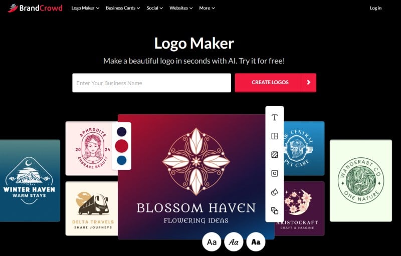 BrandCrowd AI Logo Maker Interface with AI-Powered Logo Design Options