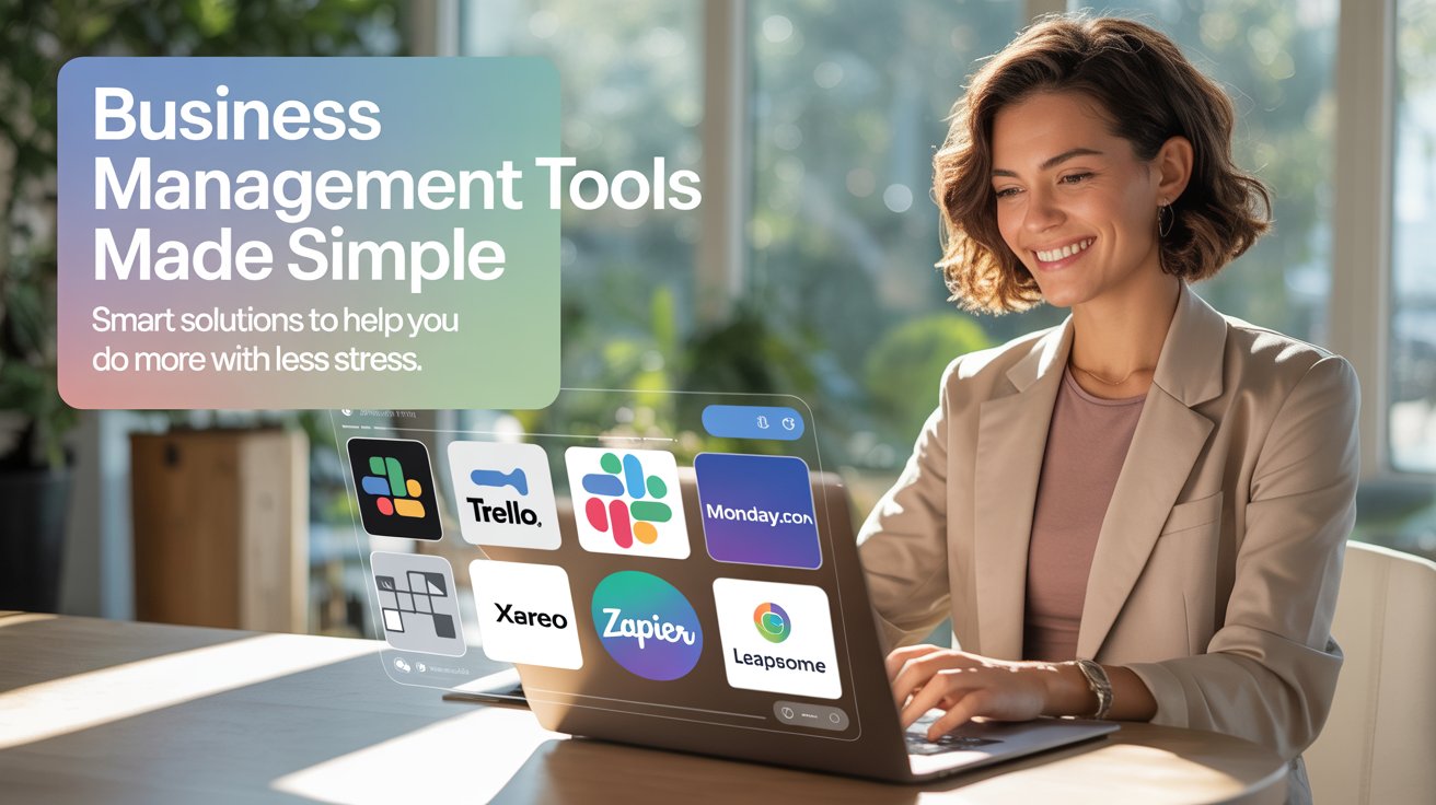 Happy business owner using business management tools like Trello, Slack, Monday.com, and Xero to streamline tasks and boost productivity.